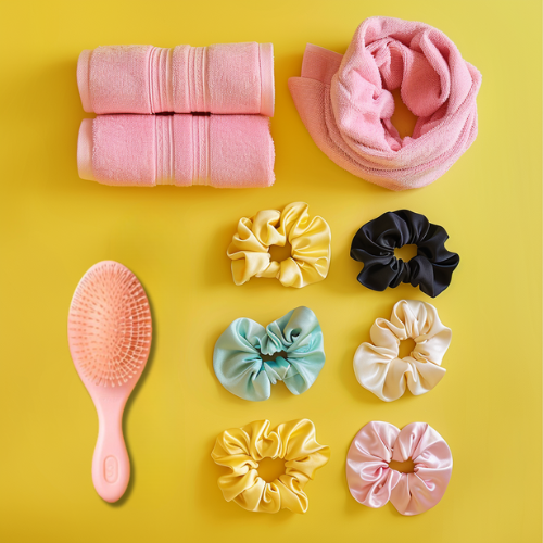 Pack Essentiel Capillaire  : 3 serviettes microfibre + 6 chouchou en soie +1 Brosse